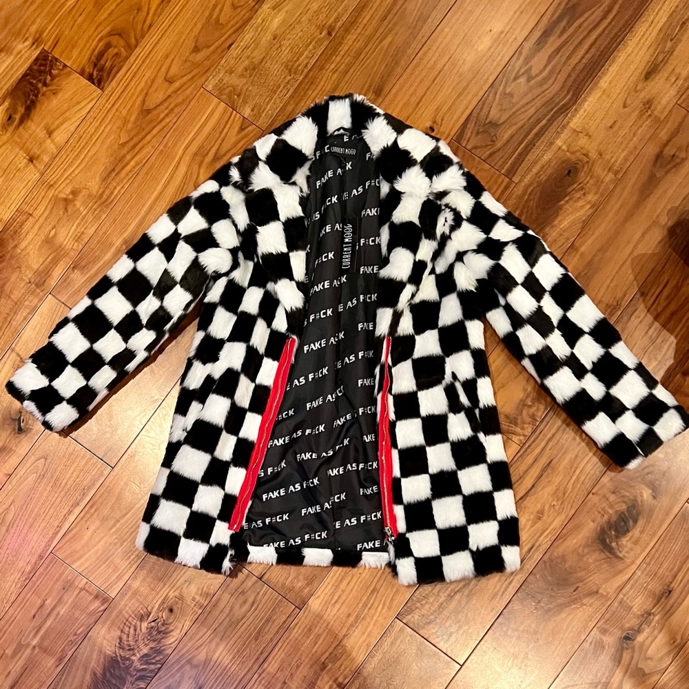 Current Mood “Fake as Fuck” black & white checkered faux fur coat, mid-length